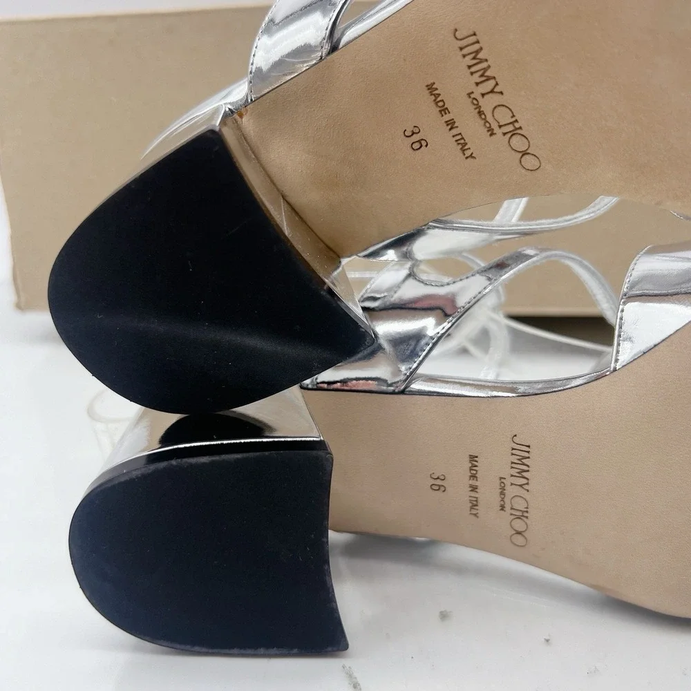 Jimmy Choo Azilia 45 Women's Heels Scrappy Sandals Metallic Silver Leather US 6 - Picture 11 of 12